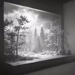 an illuminated forest scene by a window in a dark room