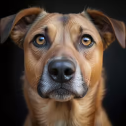 an adorable brown dog with blue eyes looking forward