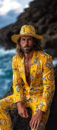 a man sitting on rocks wearing a yellow hat and yellow outfit,a man in yellow outfit sitting on rock with the ocean in the background