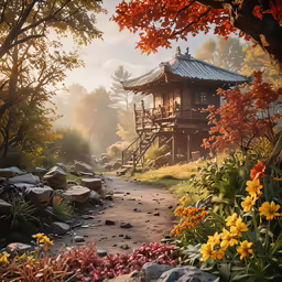 a path with a chinese pavilion sits in the trees