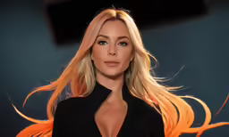woman on runway wearing black top with fiery hair