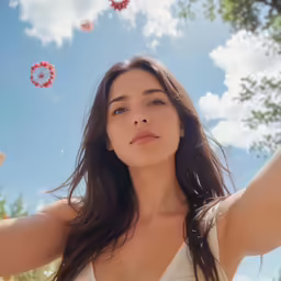 a woman standing under a tree, holding her arms near her head