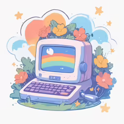 a computer with rainbow key and flowers next to it