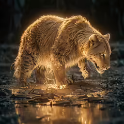 the big tiger is walking through the wet ground