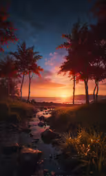 the sun is setting behind some trees near a river,a sunset on a beach with the ocean in the background