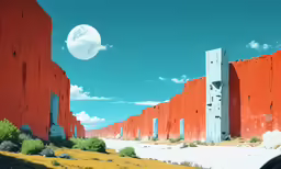 a painting of an area with some orange building