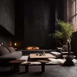 the dark room has a long wooden table and benches