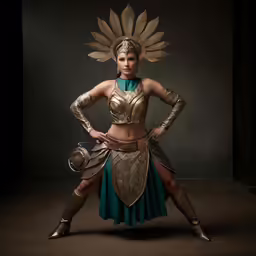 a woman in a gold and green costume
