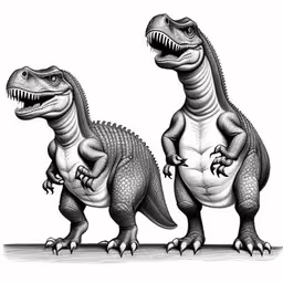 two dinosaurs stand side by side and one has its mouth open,two dinosaurs standing next to each other
