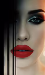 a woman with blue eyes and red lipstick