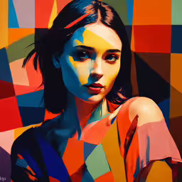 a woman wearing colorful clothing poses for the camera,a woman with a multi colored abstract painting