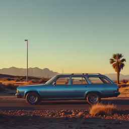a blue car parked in the middle of the desert