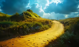 an artistic painting of a dirt road with the sun shining down