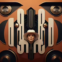 a woman wearing a hat standing in front of an abstract speaker