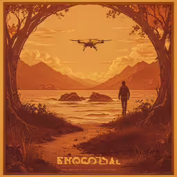a man that is standing in front of a poster,an orange and black illustration of a man walking towards a lake