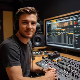 a male singer sitting in front of sound mixing equipment