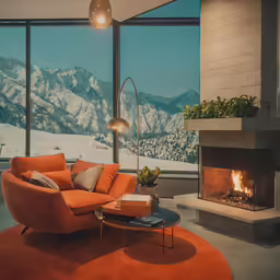 a living room with an orange chair and fireplace