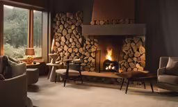 a room with wood logs, chairs and a fireplace
