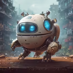 a robot with glowing blue eyes and arms standing in front of a city
