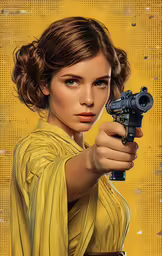 a painting of a woman holding a gun