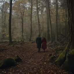 two people are walking along a trail through the woods