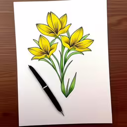 yellow flowers are in green stems on a white paper,a drawing of flowers that are drawn in pencil