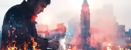 a man with his cell phone on top of a city