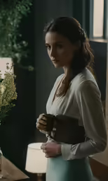 a beautiful woman in white holding a cup in her hands