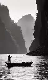 a man in a small boat is fishing on the river
