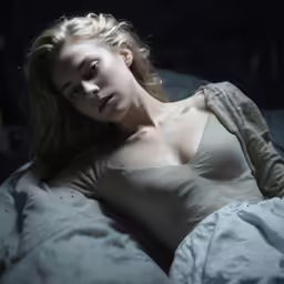a woman laying in bed with a white sheet