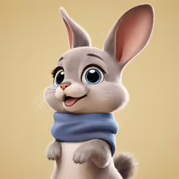 an animated rabbit that has blue eyes and a scarf around its neck