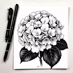 the black and white drawing of a hydrangea is next to a pen,an ink drawing of a hydrant with leaves on it