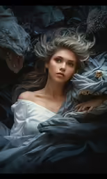 a woman is curled up under some dark blue fabric