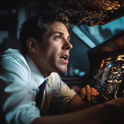 a man is in the cockpit of a plane and has his head on the steering wheel
