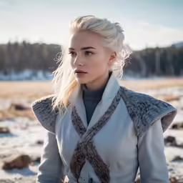 a blonde haired woman wearing a white outfit and an ivory coat is sitting on a snowy hill in the sun