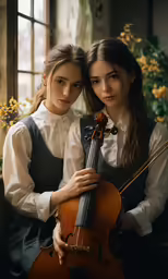 two female musicians posing for the camera while holding a violin