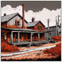 a brown building with orange roof and chimney,a drawing of a house next to an old car