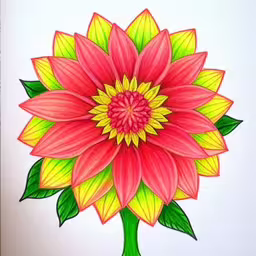 a drawing of a large flower in colorful colors,colored image of a flower on white paper