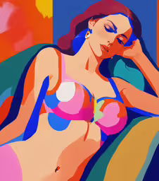 a woman wearing bikini top sitting on a bed,a painting with a very nice figure in it