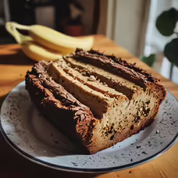 slices of cake on a plate sitting next to a banana