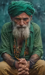 a bearded, white - bearded man wearing beads is sitting in front of some rocks