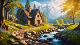 a painting of a stream running through a beautiful country landscape