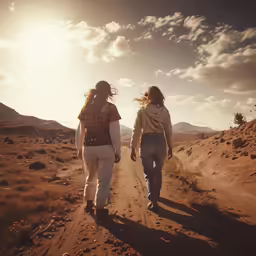 a couple walking on a dirt road while the sun is low