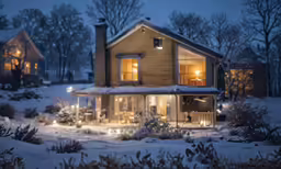 a house in the evening with candles shining through the windows