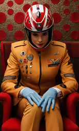 a woman in uniform sitting on a red chair