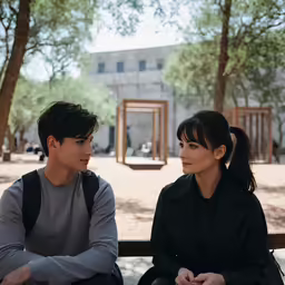 an asian couple sitting on a park bench