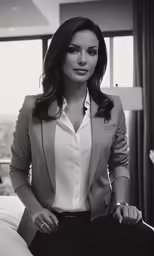 a woman sitting on a bed in a hotel room