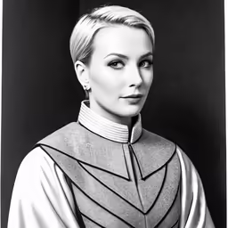 black and white photograph of woman in striped sweater