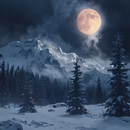 full moon rises over the mountain range and pine trees