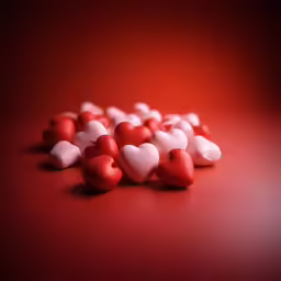 small candy hearts arranged on a red table